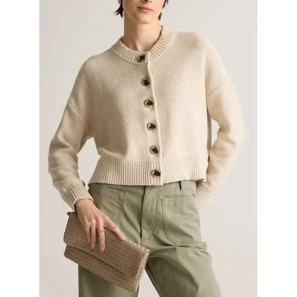 Quince 100% Organic Cotton Cropped Cardigan speckled beige/oatmeal color L - Picture 1 of 10